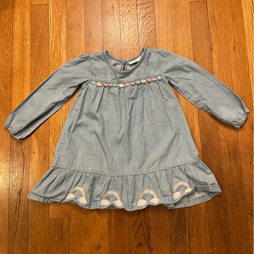 Children’s Place Chambray Long Sleeve Dress with Embroidered Rainbows, Size 3T - Picture 1 of 4